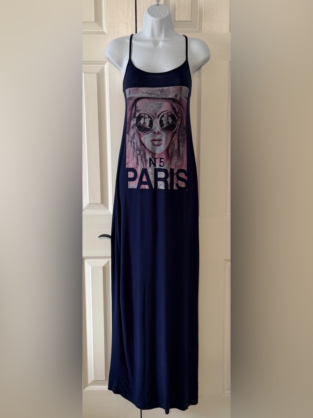 Cefian Paris Graphic Print Racerback Maxi Dress Navy Blue Size Medium